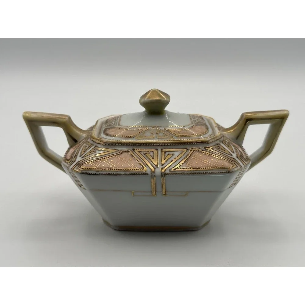 Antique Nippon Hand Painted Porcelain Cream Sugar Set Gold Gilt Art Nouveau